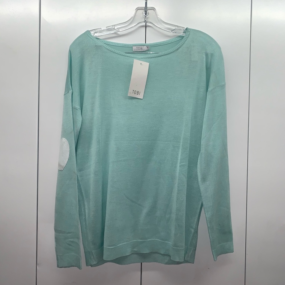TOBI Mint sweater with white hearts on elbows